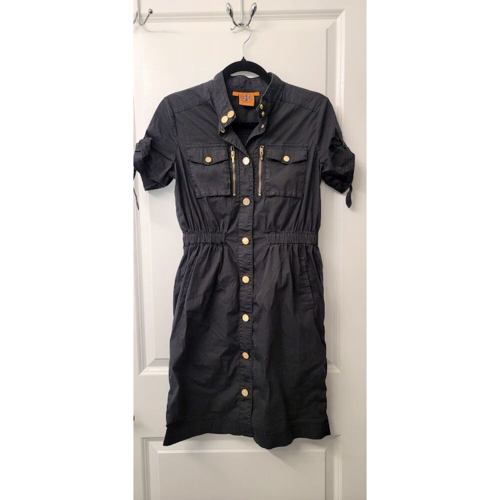Tory Burch Black Grunge Utility Dress Gold Accents Shirt Dress Zippered Sz. 4